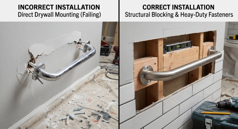 ADA grab bar incorrect vs correct installation showing structural support and compliance difference