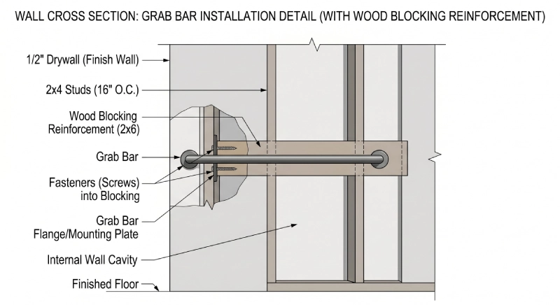 ADA grab bar installation with wall blocking structural support diagram for compliance