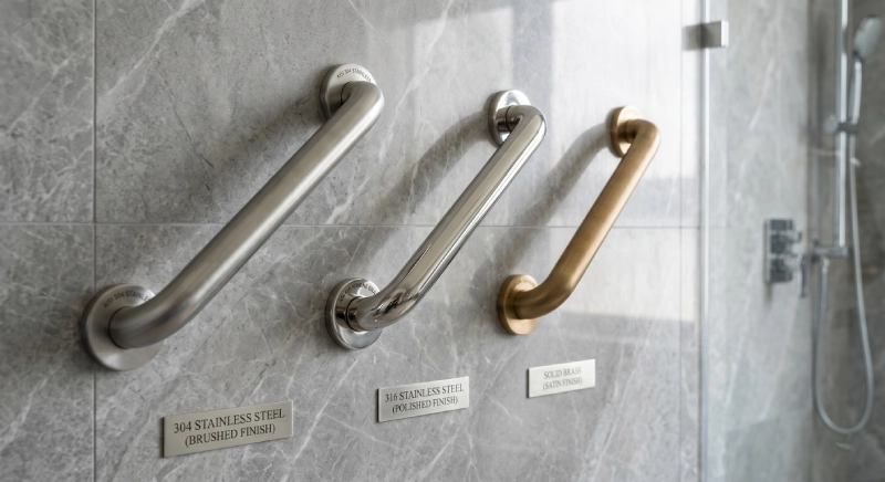 ADA grab bar material comparison 304 vs 316 stainless steel vs brass for residential projects