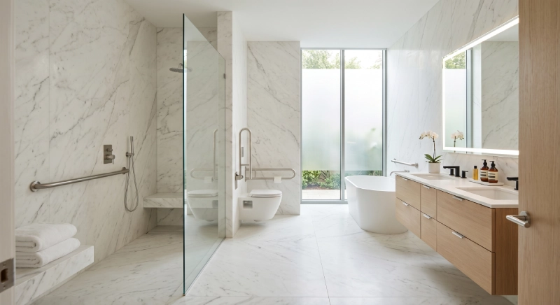 ADA grab bars installed in luxury residential bathroom project modern villa design