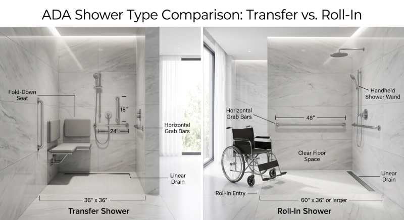 ADA transfer shower and roll-in shower grab bar layout comparison for villa projects