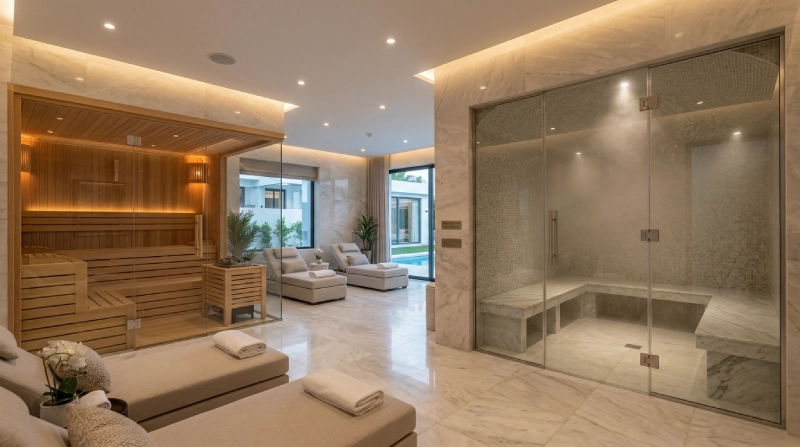 Completed George Group luxury villa sauna vs steam room showcasing high-end design