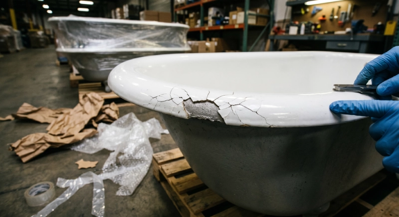 Bathtub enamel chip damage close up defect