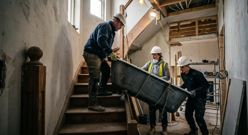 Workers installing heavy bathtub luxury villa bathroom
