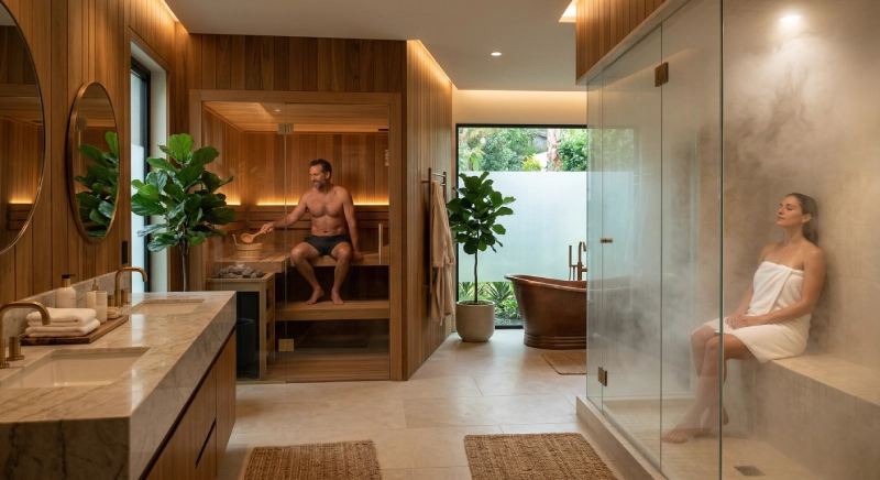 Home wellness experience showcasing sauna vs steam room for villa residents