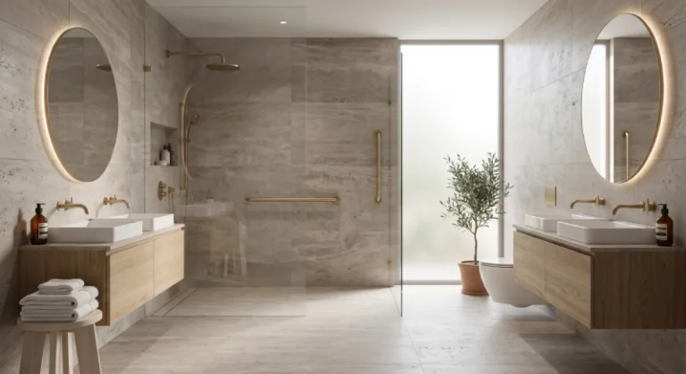 Luxury ADA toilet grab bar integrated into high-end bathroom design