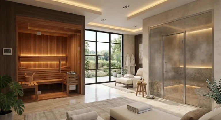Luxury U.S. villa spa comparing sauna vs steam room in high-end master suite