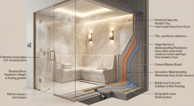 Proper waterproofing and tile installation in luxury villa steam rooms