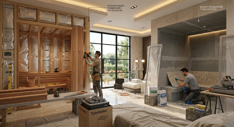 Sauna vs steam room installation comparison in luxury villa project