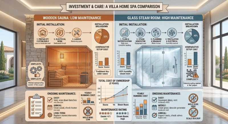 Sauna vs steam room maintenance and cost comparison for U.S. villa projects