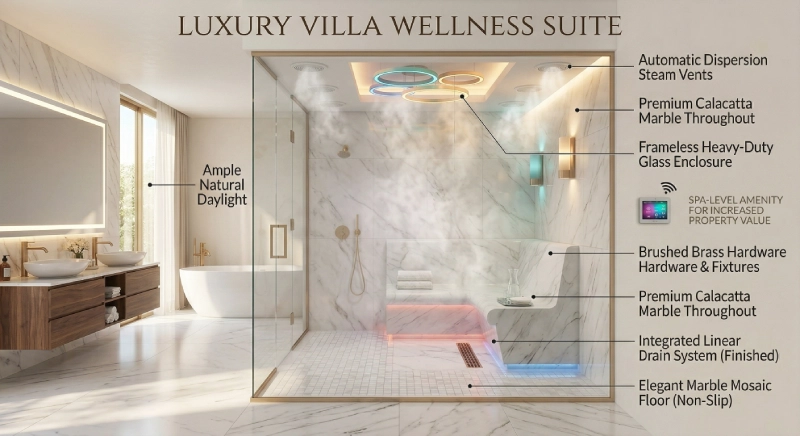 Steam room as premium feature increasing villa ROI and perceived luxury