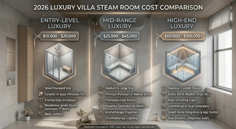 Steam room cost comparison per villa tier, 2026 guide