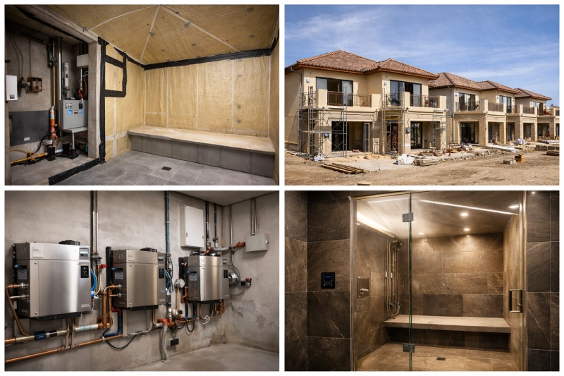 Steam room installation across multiple luxury villas under construction.