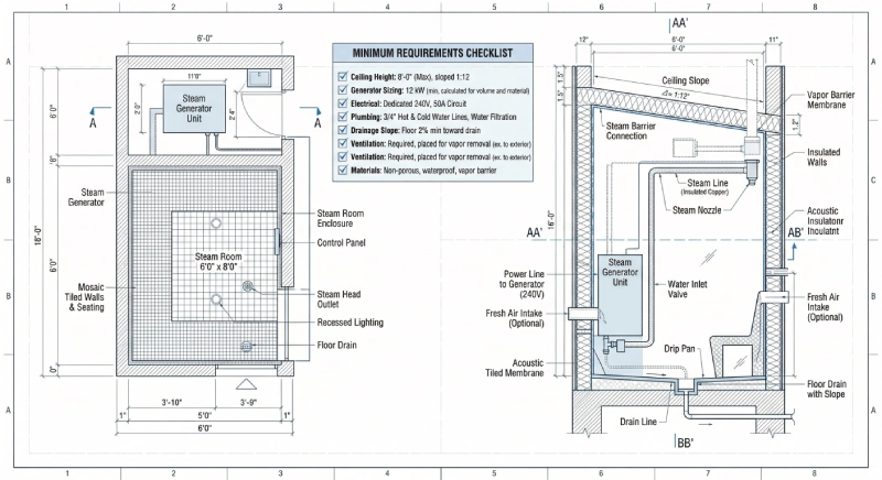Steam room installation requirements for luxury villa engineering system.
