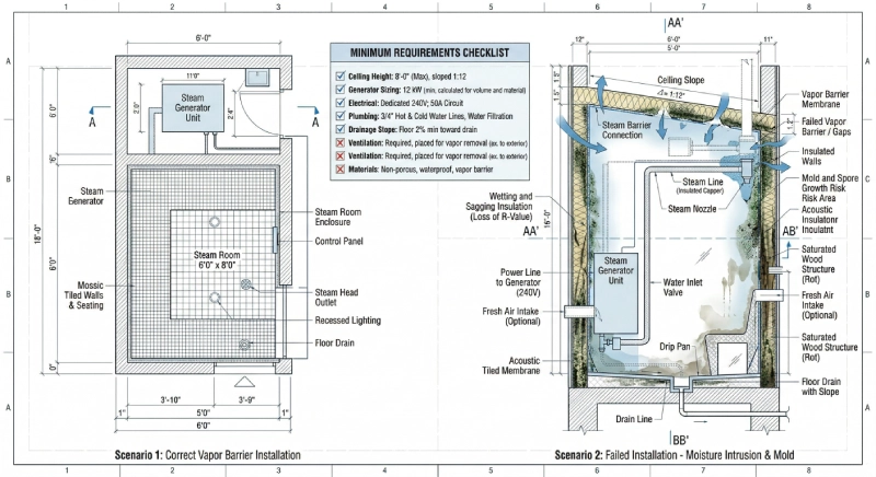 Steam room installation vapor barrier failure and moisture damage in walls.
