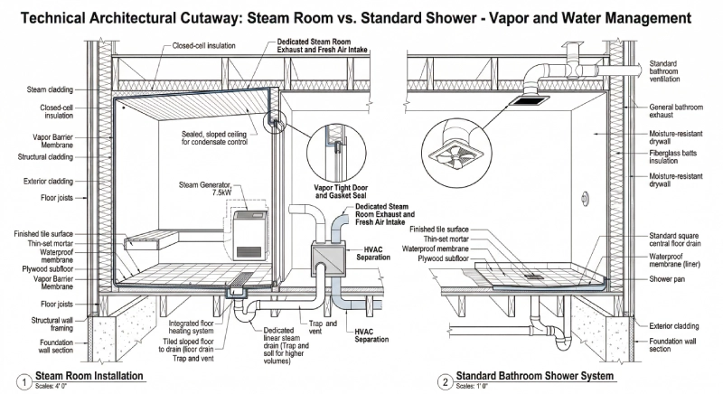 Steam room installation vs shower system technical comparison in luxury villa.