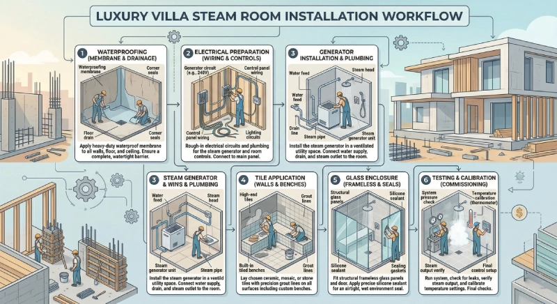 Steam room installation workflow for luxury villa projects