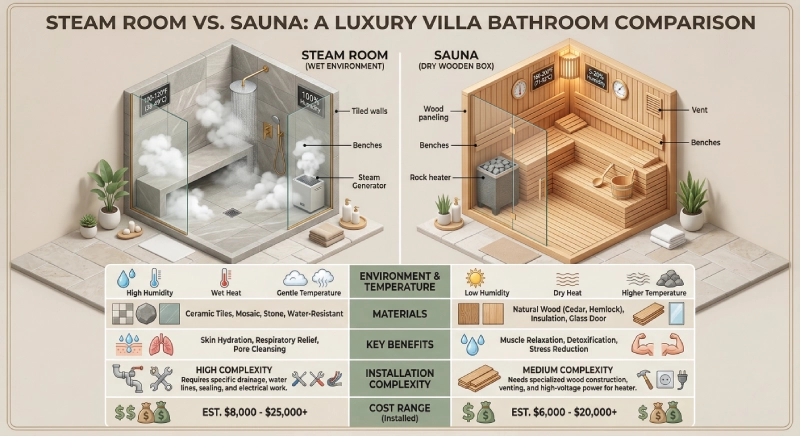Steam room vs sauna installation and cost comparison for luxury villas