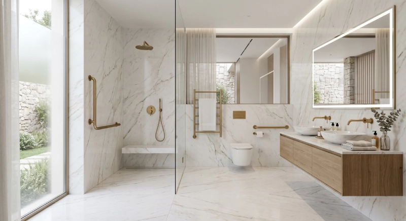 ada grab bar installation integrated into luxury bathroom design