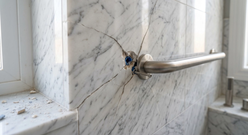 ada grab bar installation mistake cracked tile and wrong placement