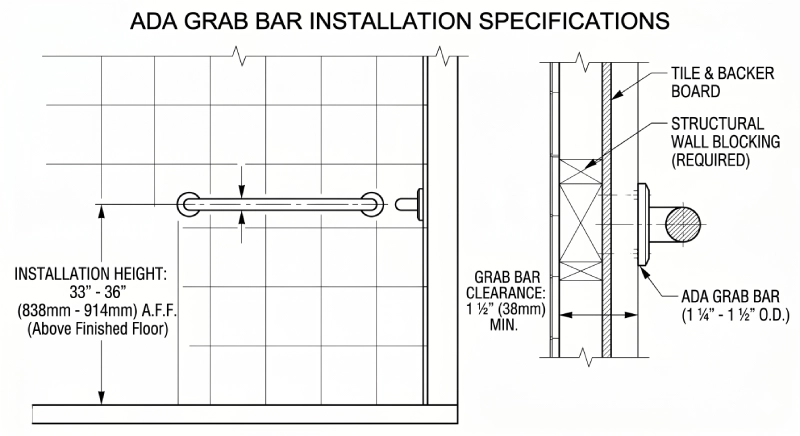 ada grab bar installation requirements height and clearance diagram