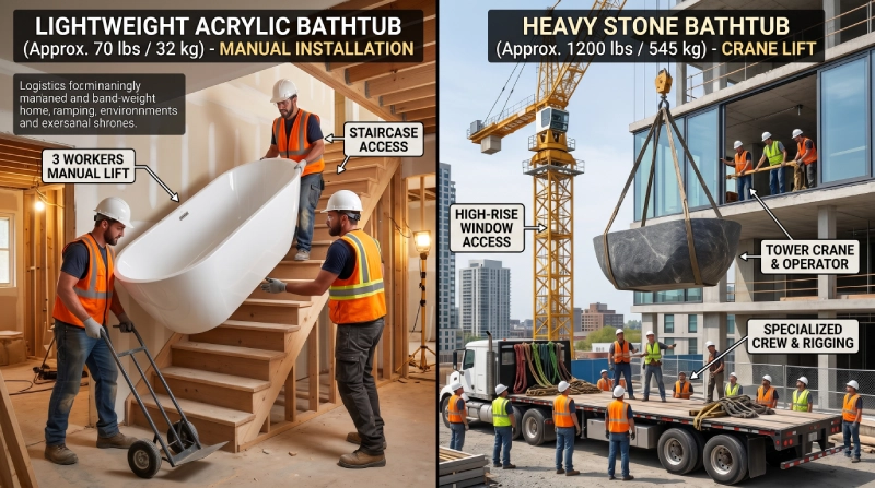 bathtub material weight and installation constraints in real estate projects