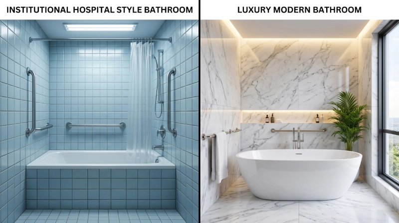 comparison of ADA bathtub grab bar requirements in hospital style vs luxury bathroom design