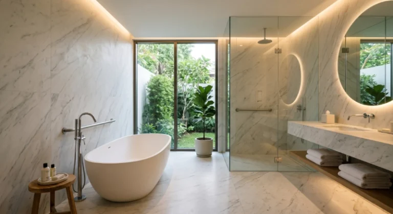 luxury bathroom with ADA bathtub grab bar requirements integrated into elegant modern design