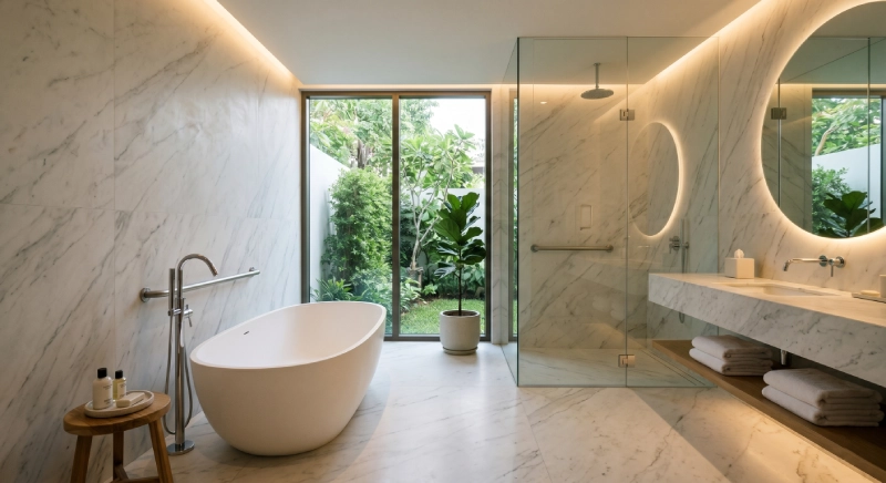 luxury bathroom with ADA bathtub grab bar requirements integrated into elegant modern design