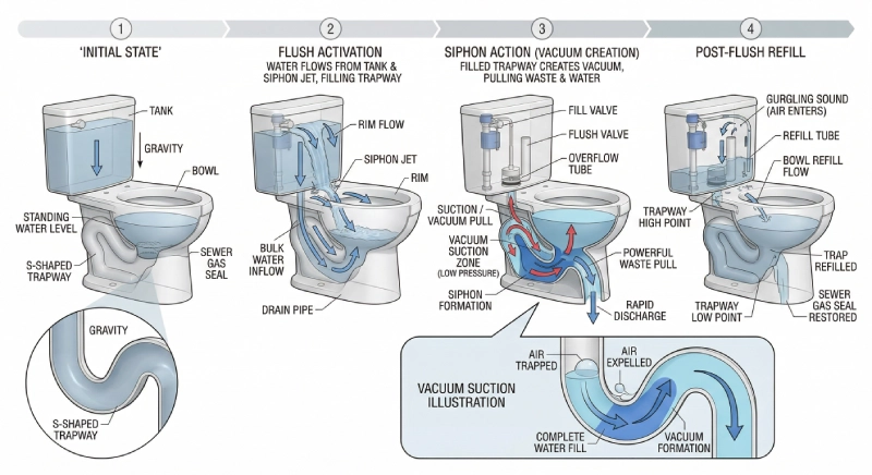 siphonic toilet flushing system diagram showing vacuum suction and trapway design