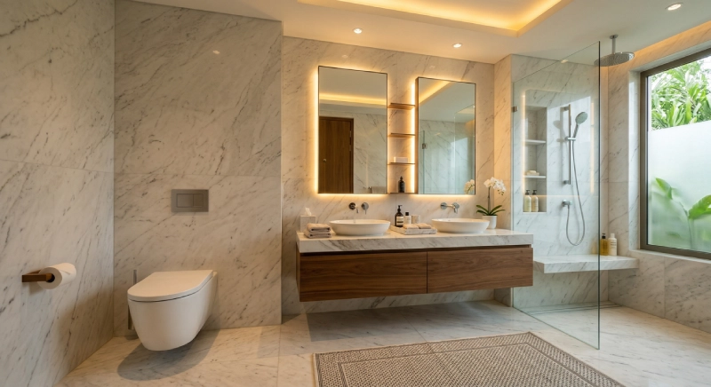 siphonic toilet installed in luxury villa master bathroom with modern design