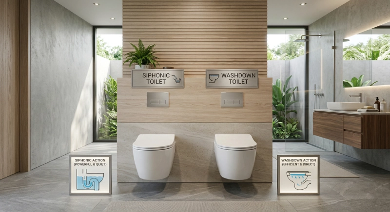 siphonic vs washdown toilet comparison in luxury villa bathroom setting