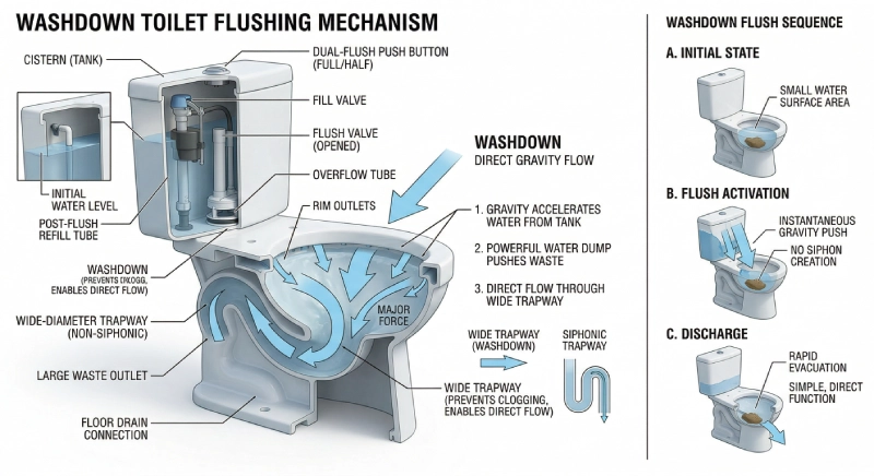 washdown toilet flushing system diagram with gravity flow and wide trapway