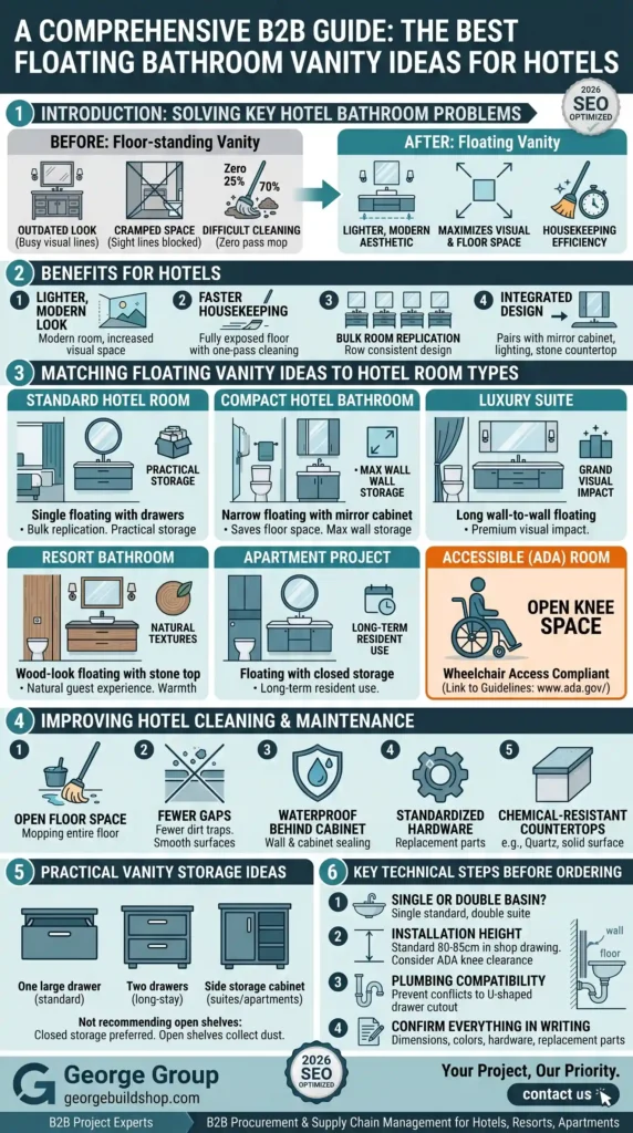 B2B guide to hotel floating vanities, featuring space-saving layouts, housekeeping efficiency, and room-specific design ideas.