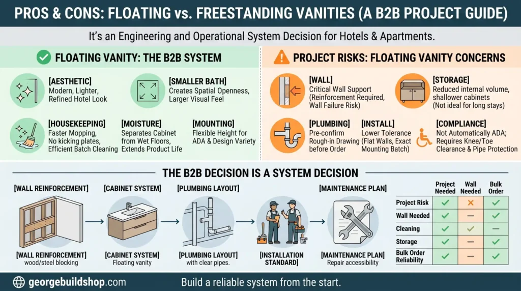 B2B infographic guide comparing floating vs freestanding vanity systems and installation risks for hotel bathroom projects.