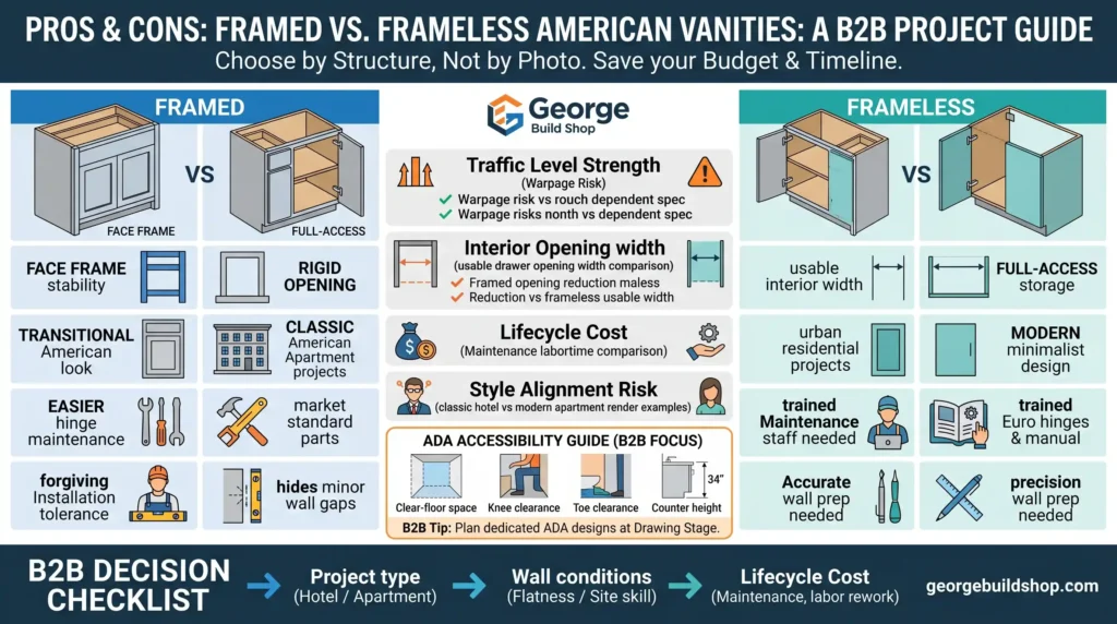 B2B comparison guide for framed vs. frameless American vanity structures, outlining installation and ADA specs for projects.