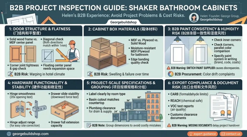 B2B Shaker bathroom cabinet inspection guide detailing door structure, moisture-resistant materials, paint, and hardware.