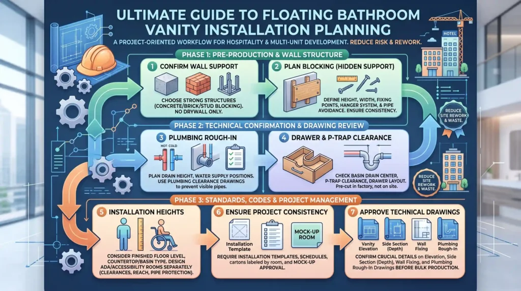 Workflow for hotel floating vanity installation planning, covering wall support, plumbing, and technical drawing approval.