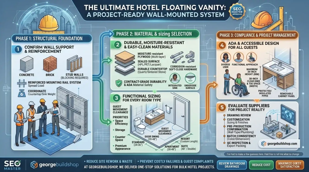Project-ready hotel floating vanity system guide covering wall support, moisture-resistant materials, and ADA compliance.
