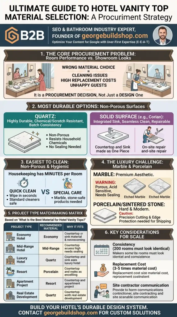 Guide comparing quartz, solid surface, and marble hotel vanity tops for durability, maintenance, and procurement efficiency.