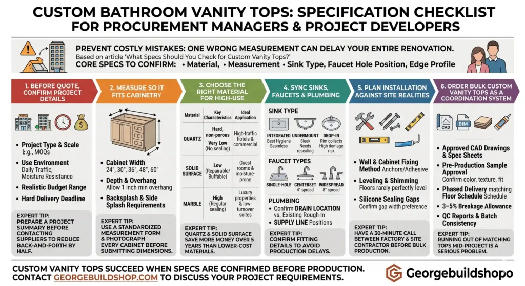 Custom bathroom vanity top spec checklist for hotel procurement, covering materials, sink types, and measurement requirements.