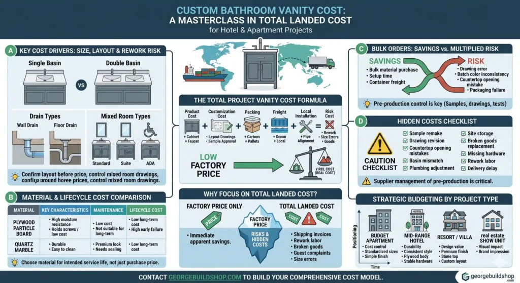 Total landed cost guide for hotel bathroom vanities, comparing moisture-resistant quartz and plywood for long-term durability.