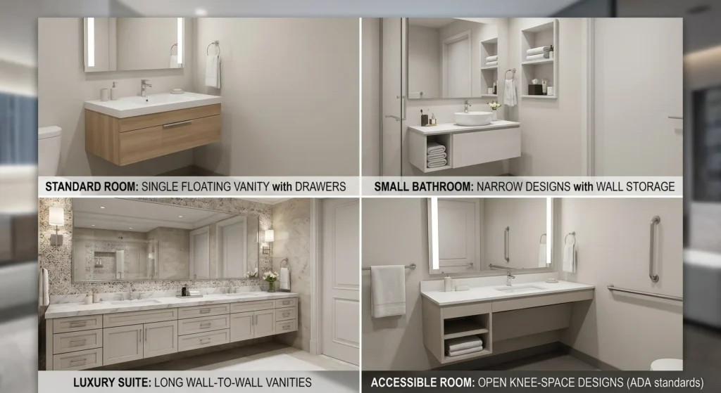 Hotel floating vanity styles: standard wood drawers, narrow storage, luxury wall-to-wall marble, and ADA-compliant designs.