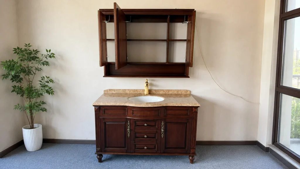 Classic mahogany-finish framed vanity set with gold faucet, designed for structural stability in high-traffic hotel rooms.