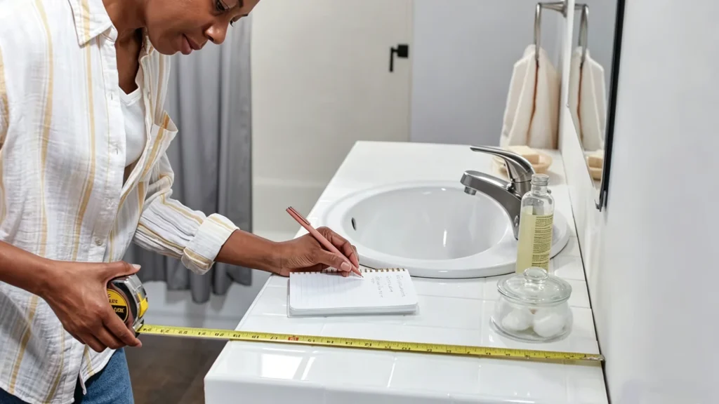 Woman measuring a white tiled vanity top with a tape measure to record accurate dimensions for a custom bathroom project.
