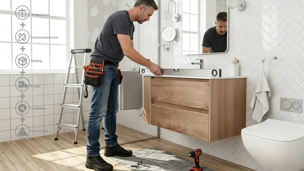 Contractor leveling a custom wood floating vanity to show installation and rework risks in total bathroom landed cost.