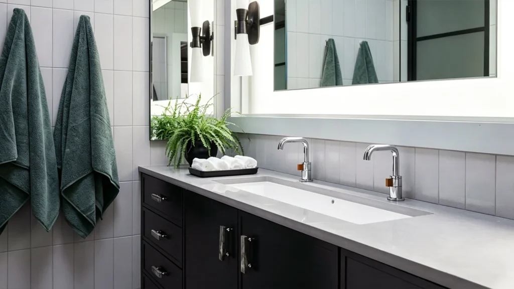 Modern hotel vanity featuring a grey quartz countertop and moisture-resistant dark cabinets for high-traffic durability.
