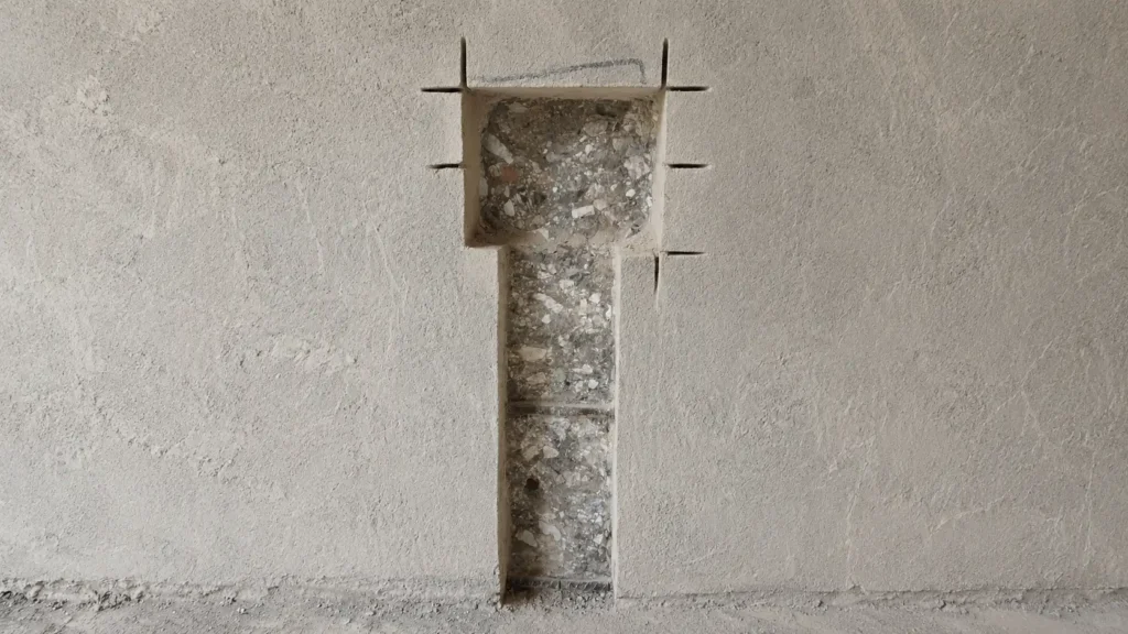 T-shaped structural wall reinforcement cutout for secure hotel floating vanity installation on a raw concrete surface.