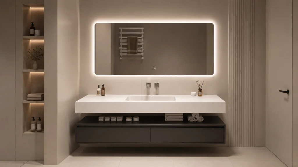 Modern floating bathroom vanity with white countertop and LED mirror, optimized for easy cleaning in hotel project bathrooms."
