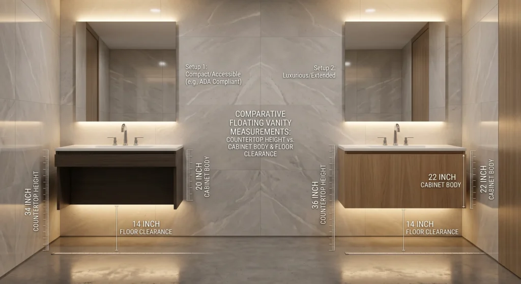 Comparative floating vanity heights: 34" ADA vs 36" luxury setups with 14" floor clearance for hotel and resort bathrooms.